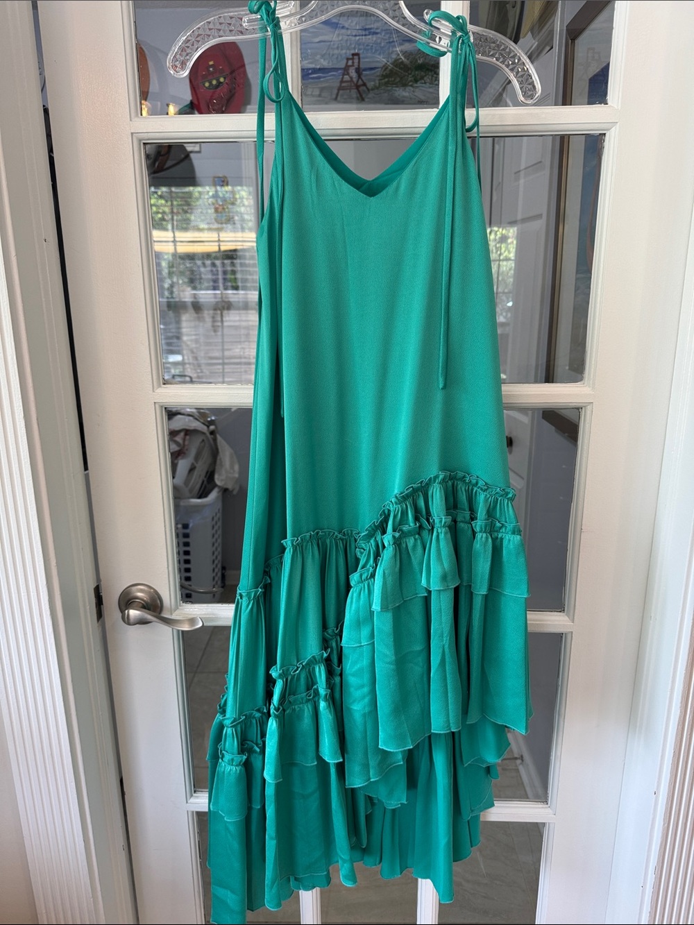 Tie-Shoulder Ruffled Midi Dress in Teal size extra small